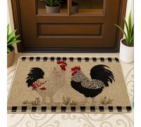 Zerbino con gallo in stile fattoria, nero, bianco e rosso, design con galline di campagna, per interni ed esterni, per tutte le stagioni, decorazione rustica, assorbente, antiscivolo, zerbino
