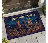 Zerbino con gatti di benvenuto, fantasioso rustico con luna e stelle, blu scuro, antiscivolo, per pavimento, decorazione per la casa, ingresso, portico esterno, balcone, 73 x 43 cm