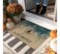 Zerbino con gatto di benvenuto, cielo notturno blu per interni ed esterni, decorazione di Halloween, in gomma antiscivolo, impermeabile, anti-polvere, facile da pulire, 73 x 43 cm