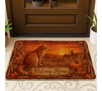 Zerbino con gatto di benvenuto, con zucche rustiche autunnali e grano, arancione, antiscivolo, per casa, interni ed esterni, decorazione per portico, 73 x 43 cm