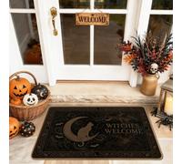 Zerbino con gatto di benvenuto, fantasioso con luna crescente e streghe di benvenuto per Halloween, nero, lavabile, a basso profilo, decorazione per ingresso, portico, bagno, ufficio, 73 x 43 cm