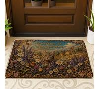 Zerbino con gatto di benvenuto, giardino rustico farfalla lavanda primavera verde antiscivolo zerbino decorativo per interni ed esterni ingresso portico decorazione 73 x 43 cm