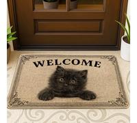 Zerbino con gatto di benvenuto, grazioso felino per interni ed esterni, decorazione per ingresso, stile vintage, antiscivolo, in gomma antipolvere, facile da pulire, 73 x 43 cm