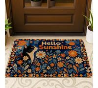 Zerbino con gatto di benvenuto, motivo floreale artistico bohémien, forme geometriche, primaverile, blu navy, lavabile, a basso profilo, decorazione per esterni, porta d'ingresso, patio, 73 x 43 cm