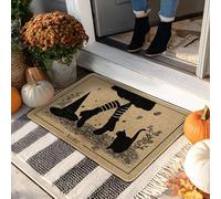 Zerbino con gatto di Halloween, con piedi di strega neri, per interni ed esterni, decorazione rustica, in gomma, impermeabile, antiscivolo, assorbe la polvere, facile da pulire, 73 x 43 cm