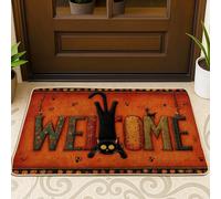 Zerbino con gatto di Halloween, tappetino di benvenuto arancione per interni ed esterni, decorazione rustica, in gomma, impermeabile, antiscivolo, antipolvere, facile da pulire, 73 x 43 cm