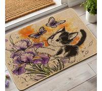 Zerbino con gatto floreale e primavera, viola, per ingresso esterno e interno, decorazione rustica, in gomma, impermeabile, antiscivolo, assorbe la polvere, facile da pulire, 73 x 43 cm