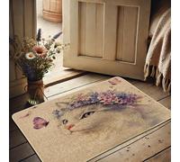 Zerbino con gatto floreale, farfalle viola, decorazione per interni ed esterni, in gomma, impermeabile, antiscivolo, assorbe la polvere, facile da pulire, 73 x 43 cm