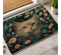 Zerbino con gatto floreale, motivo gattino con occhi blu, per interni ed esterni, decorazione primaverile, in gomma antiscivolo, impermeabile, assorbe la polvere, facile da pulire, 73 x 43 cm