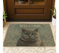 Zerbino con gatto grigio, tappetino di benvenuto con simpatico animale, per interni ed esterni, decorazione vintage, in gomma, antiscivolo, assorbe la polvere, facile da pulire, 73 x 43 cm