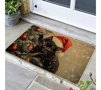 Zerbino con gatto natalizio, tappetino nero per ingresso esterno e interno, decorazione natalizia per le vacanze invernali, in gomma, lavabile, antiscivolo, per porta d'ingresso di Natale, 73 x 43 cm