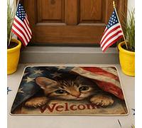Zerbino con gatto patriottico, rosso, bianco e blu, tappetino di benvenuto per estate e giorno dell'indipendenza, antiscivolo, in gomma impermeabile, facile da pulire per interni ed esterni, 73 x 43