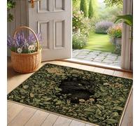 Zerbino con gatto verde primavera, tappetino nero con felino, per ingresso esterno e interno, atmosfera naturale, in gomma, impermeabile, antiscivolo, assorbe la polvere, facile da pulire, 73 x 43 cm