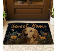Zerbino con Golden Retriever, blu scuro, motivo floreale, per interni ed esterni, decorazione rustica, in gomma, impermeabile, antiscivolo, assorbe la polvere, facile da pulire, 73 x 43 cm