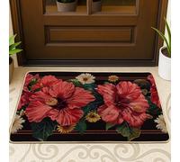 Zerbino con ibisco floreale, tappetino per ingresso con fiori rossi, per interni ed esterni, in gomma, impermeabile, antiscivolo, assorbe la polvere, facile da pulire, 73 x 43 cm