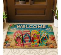 Zerbino con infradito, motivo floreale tropicale, stella marina, estate, blu, lavabile, a basso profilo, decorazione per la casa, ingresso, portico esterno, balcone, 73 x 43 cm