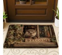 Zerbino con lontra con benvenuto, zerbino marrone con animali, per interni ed esterni, stile rustico, in gomma, impermeabile, antiscivolo, assorbe la polvere, facile da pulire, 73 x 43 cm