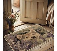Zerbino con lupo floreale, viola floreale, zerbino per ingresso esterno e interno, decorazione vintage, in gomma, impermeabile, antiscivolo, assorbe la polvere, facile da pulire, 73 x 43 cm