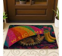 Zerbino con motivo arcobaleno primaverile, con gatto sotto l'ombrello, per ingresso esterno e interno, accogliente, impermeabile, antiscivolo, assorbe la polvere, facile da pulire, 73 x 43 cm