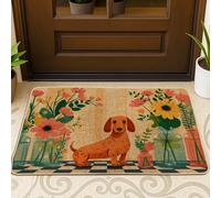 Zerbino con motivo floreale con cane bassotto, per primavera, interni ed esterni, decorazione vintage, in gomma, antiscivolo, assorbe la polvere, facile da pulire, 73 x 43 cm