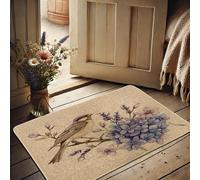 Zerbino con motivo floreale e uccello, ortensia viola, per ingresso esterno e interno, decorazione rustica, in gomma, impermeabile, antiscivolo, assorbe la polvere, facile da pulire, 73 x 43 cm
