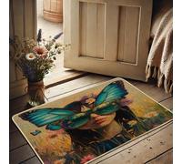Zerbino con motivo floreale primaverile, con farfalla blu, per interni ed esterni, decorazione rustica, in gomma, impermeabile, antiscivolo, assorbe la polvere, facile da pulire, 73 x 43 cm