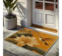 Zerbino con motivo floreale primaverile, design con colibrì giallo e fiori, per ingresso esterno e interno, decorazione estetica moderna, antiscivolo, impermeabile, assorbente, facile da pulire, 73 x