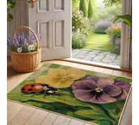 Zerbino con motivo floreale primaverile, giallo viola del pensiero e coccinella, per uso esterno e interno, decorazione per la casa ispirata alla natura, antiscivolo, impermeabile, antipolvere, facile