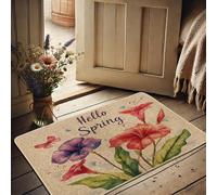 Zerbino con motivo floreale primaverile, motivo farfalla viola, per interni ed esterni, in gomma, impermeabile, antiscivolo, assorbe la polvere, facile da pulire, 73 x 43 cm