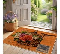 Zerbino con motivo floreale primaverile, tappetino di benvenuto arancione con gabbia per uccelli, per interni ed esterni, in gomma, impermeabile, antiscivolo, assorbe la polvere, facile da pulire, 73