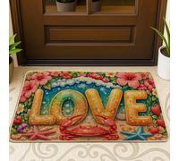 Zerbino con motivo tropicale giocoso con granchio, stella marina, estate, blu, lavabile, a basso profilo, decorativo, per casa, interni, esterni, ingresso, portico, 73 x 43 cm