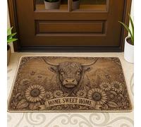 Zerbino con mucca, rustico, vintage, girasole, crisantemo, nessuno marrone, lavabile, a basso profilo, tappeto decorativo per la casa per ingresso, portico esterno, balcone, 73 x 43 cm