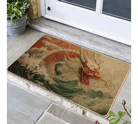 Zerbino con onde di drago, rosso e verde, per ingresso esterno e interno, decorazione asiatica, in gomma impermeabile, antiscivolo, assorbe la polvere, facile da