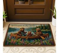 Zerbino con orsi, naturale, rustico, canoa, lago, estate, in gomma verde, antiscivolo, decorazione per esterni, per porta d'ingresso, patio, 73 x 43 cm