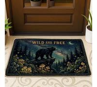 Zerbino con orso di benvenuto, natura rustica funghi alberi nessuno blu scuro gomma antiscivolo tappetino per ingresso esterno portico balcone 73 x 43 cm