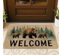 Zerbino con orso di benvenuto, zerbino rustico con orso marrone, per interni ed esterni, antiscivolo, impermeabile, a tema naturale, facile da pulire, 73 x 43 cm