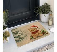 Zerbino con orso di Natale, orso marrone festivo con cappello rosso per vacanze, ingresso interno ed esterno, comodo, decorativo, ecologico, antiscivolo, assorbe la polvere, facile da