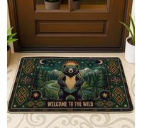 Zerbino con orso, natura rustica con alberi di montagna estivi, in gomma verde, antiscivolo, per pavimento, decorazione per la casa, ingresso, portico esterno, balcone, 73 x 43 cm