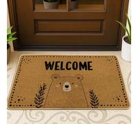Zerbino con orso, rustico, fantasioso, con foglie di benvenuto, nessuno marrone, in gomma antiscivolo, decorazione per esterni, porta d'ingresso, patio, 73 x 43 cm