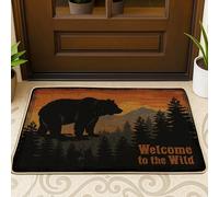 Zerbino con orso, rustico, natura, montagne, alberi autunnali, arancione, lavabile, a basso profilo, per pavimento, casa, ufficio, esterno, interno, ingresso, decorazione, 73 x 43 cm