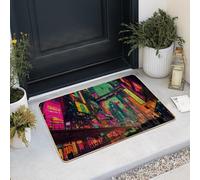 Zerbino con paesaggio urbano al neon, colorato e vivace, per ingresso esterno e interno, decorazione moderna, in gomma, impermeabile, antiscivolo, assorbe la polvere, facile da pulire, 73 x 43 cm