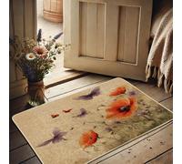 Zerbino con papavero primaverile, fiori arancioni e farfalle viola, decorazione per interni ed esterni, in gomma, impermeabile, antiscivolo, assorbe la polvere, facile da pulire, 73 x 43 cm