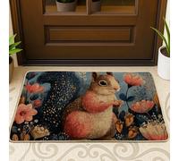 Zerbino con scoiattolo floreale, color pesca e blu, per decorazione primaverile per esterni e interni, in gomma, impermeabile, antiscivolo, assorbe la polvere, facile da pulire, 73 x 43 cm
