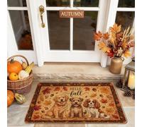 Zerbino con scritta "Dogs Welcome", stile rustico, con foglie e zucche, marrone, lavabile, a basso profilo, decorazione per esterni, per porta d'ingresso, patio, 73 x 43 cm