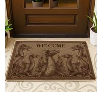 Zerbino con scritta "Dragon Welcome", per interni ed esterni, stile medievale, antiscivolo, assorbe la polvere, facile da pulire, 73 x 43 cm, colore: marrone