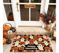 Zerbino con scritta "Ghosts Welcome", con scritta in inglese "Jack-o'-Lanterns Happy Haunting Happy Haunting", lavabile, a basso profilo, decorativo, decorazione per la casa, ingresso, portico esterno