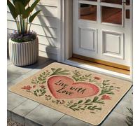 Zerbino con scritta "Live with Love", motivo floreale e cuore, per interni ed esterni, decorazione primaverile, in gomma, impermeabile, antiscivolo, assorbe la polvere, facile da pulire, 73 x 43 cm