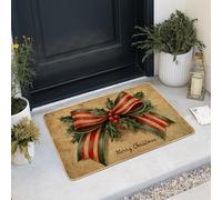 Zerbino con scritta "Merry Christmas", con fiocco rosso, per interni ed esterni, decorazione per le vacanze, in gomma antiscivolo, lavabile, per ingresso anteriore, 73 x 43 cm