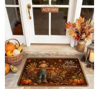 Zerbino con scritta "Scarecrow Welcome", rustico, fantasioso, zucche, foglie, autunno, marrone, lavabile, a basso profilo, decorativo, decorazione per esterni, porta d'ingresso, patio, 73 x 43 cm
