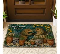 Zerbino con scritta "Welcome" con stampa di coccodrilli, fantasioso rustico con vasi di fiori, nessuno verde, lavabile, a basso profilo, decorazione per esterni, per porta d'ingresso, patio, 73 x 43